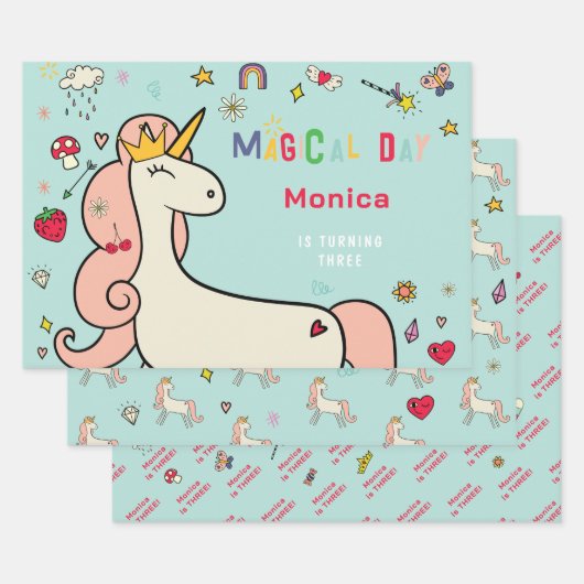 魔法の日かわいい漫画ユニコーン子供の誕生日 ラッピングペーパーシート (セット)