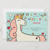 魔法の日かわいい漫画ユニコーン子供の誕生日 招待状 (正面)