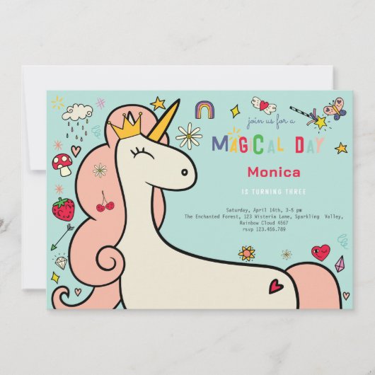 魔法の日かわいい漫画ユニコーン子供の誕生日 招待状 (正面)