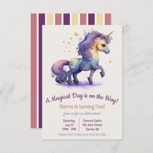 魔法の日が行く!ユニコーン誕生日 招待状 (正面/裏面)