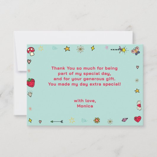 魔法の日のキュートな漫画のユニコーンの子供の誕生日 サンキューカード (正面)