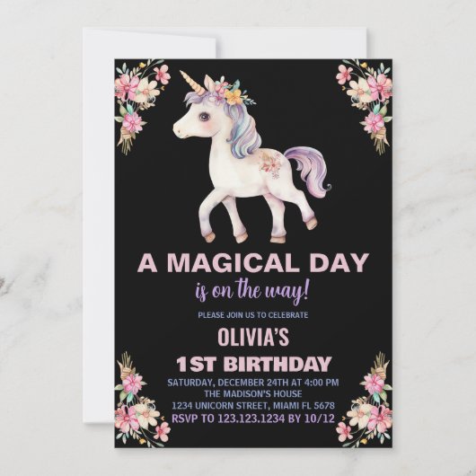 魔法の日のユニコーン誕生日招待状 招待状 (正面)