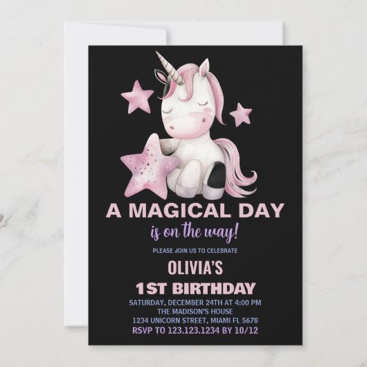魔法の日のユニコーン誕生日招待状 招待状 (正面)