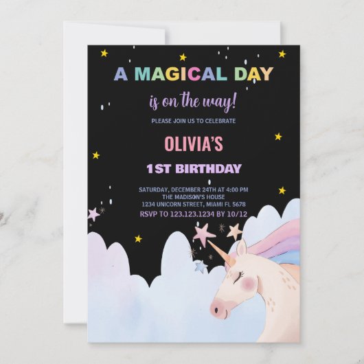 魔法の日のユニコーン誕生日招待状 招待状 (正面)