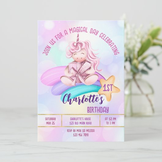 魔法の日レインボーユニコーン誕生日パーティー招待状 招待状 (スタンド正面)