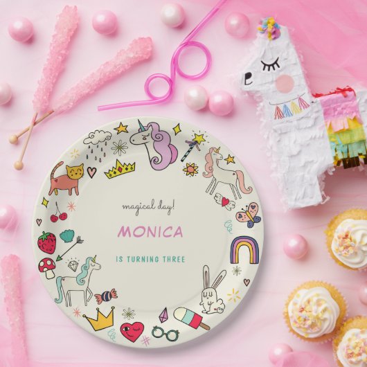 魔法の日猫うさぎうさぎユニコーン子供の誕生日 ペーパープレート (パーティー)