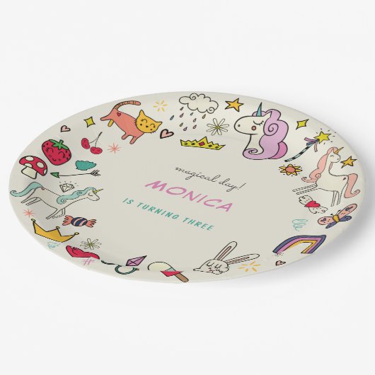 魔法の日猫うさぎうさぎユニコーン子供の誕生日 ペーパープレート (アングル)