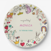 魔法の日猫うさぎうさぎユニコーン子供の誕生日 ペーパープレート (正面)