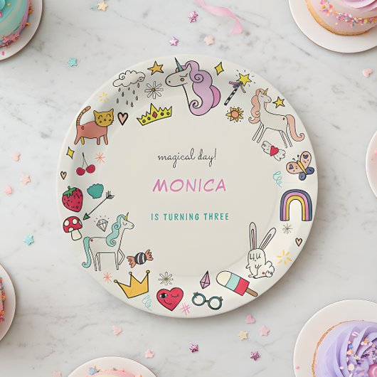魔法の日猫うさぎうさぎユニコーン子供の誕生日 ペーパープレート