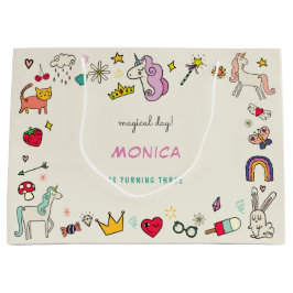 魔法の日猫うさぎうさぎユニコーン子供の誕生日 ラージペーパーバッグ