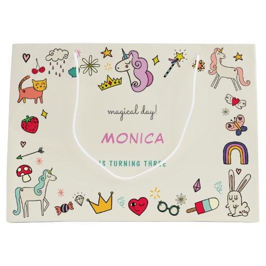 魔法の日猫うさぎうさぎユニコーン子供の誕生日 ラージペーパーバッグ (正面)