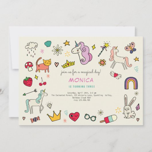 魔法の日猫うさぎうさぎユニコーン子供の誕生日 招待状 (正面)