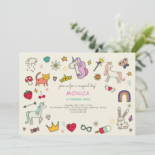 魔法の日猫うさぎうさぎユニコーン子供の誕生日 招待状 (スタンド正面)