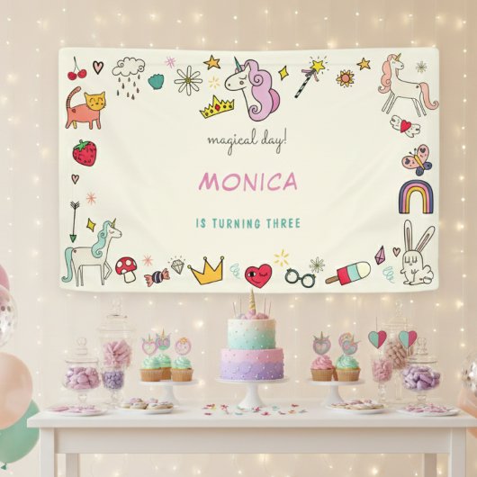 魔法の日猫うさぎうさぎユニコーン子供の誕生日 横断幕