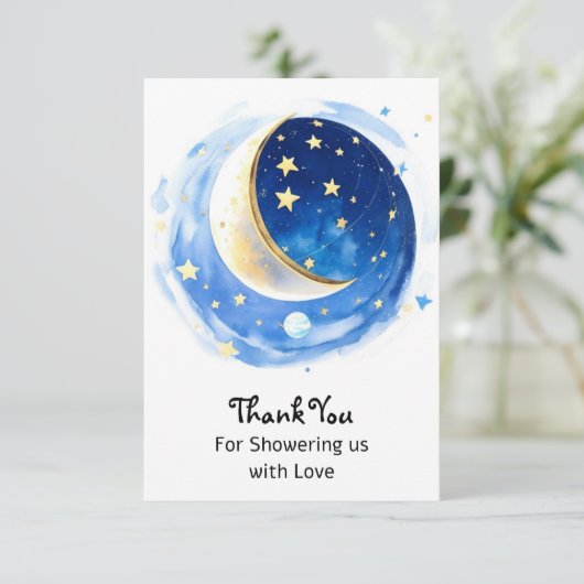 魔法の星空の夜の男の子の赤ちゃんシャワー サンキューカード (スタンド正面)