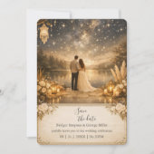 魔法の星空の湖 ブルー&ゴールドの結婚式 招待状 (正面)