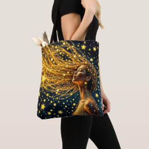 魔法の星空ポートレート金ゴールドファンタジー女性 トートバッグ