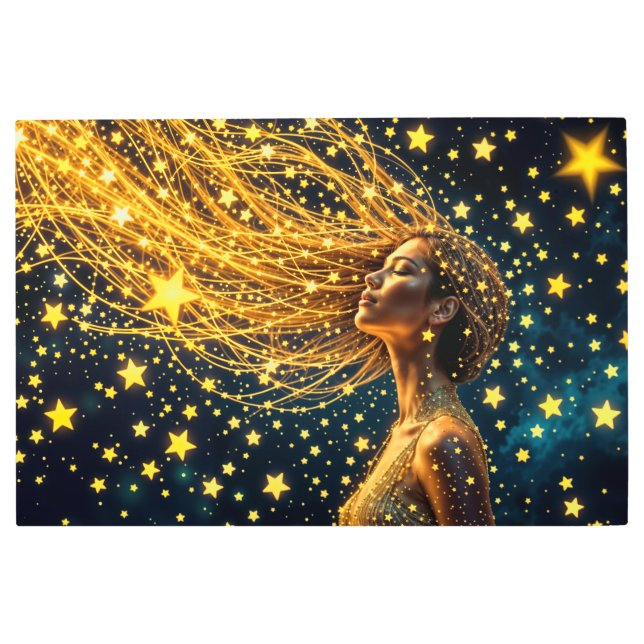 魔法の星空ポートレート金ゴールドファンタジー女性 メタルプリント (正面)