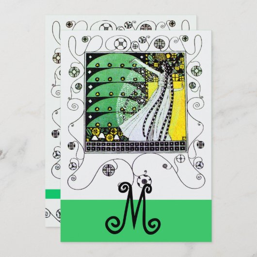 魔法の春、明るい黄色の黒の緑 招待状 (正面/裏面)