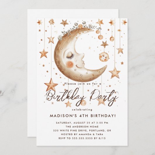 魔法の月と星の誕生日パーティー 招待状 (正面/裏面)
