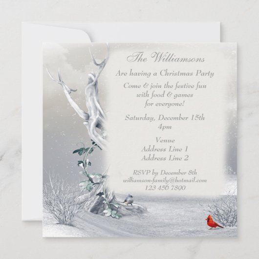 魔法の月の冬場面男の子及び鳥のクリスマス 招待状 (裏面)