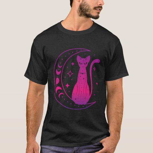 魔法の月の周期Pに精通したWicca黒猫 Tシャツ (正面)