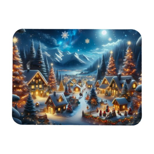 魔法の月の雪のクリスマスビレッジ マグネット (横)