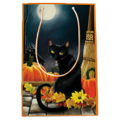 魔法の月夜の黒猫のカボチャ ミディアムペーパーバッグ (正面)