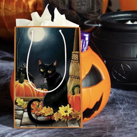 魔法の月夜の黒猫のカボチャ ミディアムペーパーバッグ