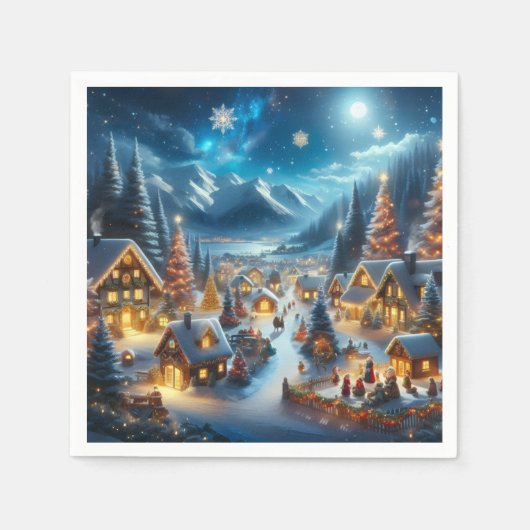 魔法の月明かりに輝くクリスマスの雪景色の村 スタンダードカクテルナプキン (正面)