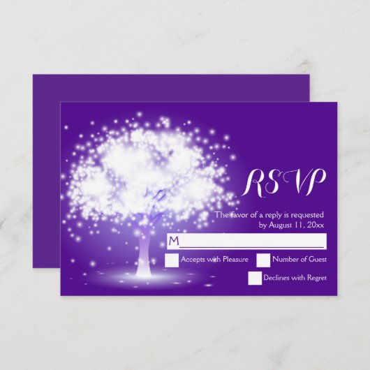 魔法の木、ライトきらめく紫色の結婚式RSVP 出欠カード (正面/裏面)