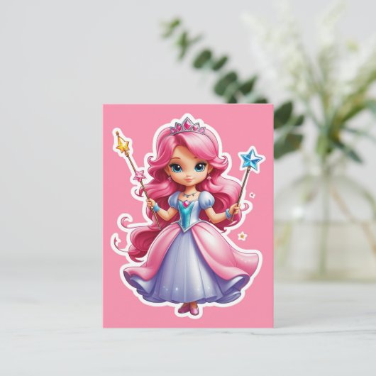 魔法の杖とティアラを持つピンクのプリンセス ポストカード (スタンド正面)