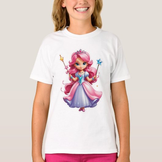 魔法の杖とティアラを持つピンクのプリンセス Tシャツ (正面)
