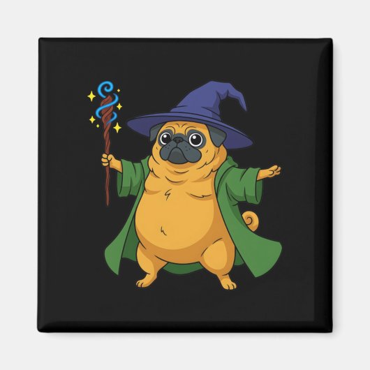魔法の杖を持つかわいい魔法使いパグ犬 マグネット (正面)
