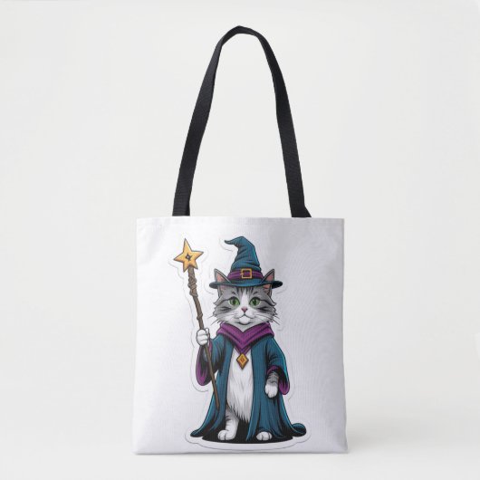 魔法の杖を持つミニトートバッグの魔術猫 トートバッグ (正面)