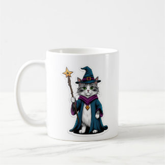 魔法の杖を持つミニマムな魔法使い猫のマグカップ コーヒーマグカップ