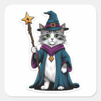 魔法の杖を持つミニ魔法使い猫ステッカー スクエアシール