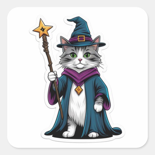 魔法の杖を持つミニ魔法使い猫ステッカー スクエアシール (正面)