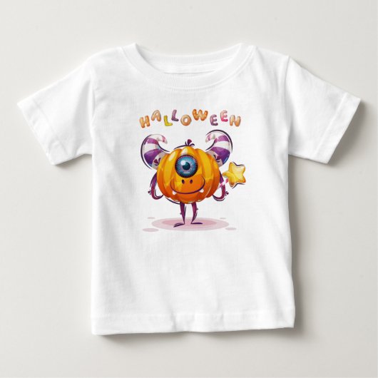 魔法の杖を持つ子供っぽいハロウィンのカボチャ ベビーTシャツ (正面)