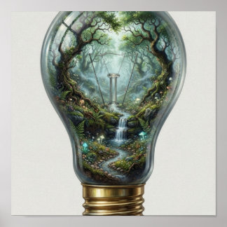魔法の森が光る電球の中 – 魔法のナチュラルアート ポスター