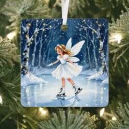 魔法の森でアイススケートをするクリスマスの妖精 メタルオーナメント