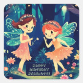 魔法の森で妖精たちが遊ぶ誕生日 スクエアシール (正面)