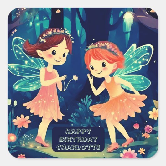 魔法の森で妖精たちが遊ぶ誕生日 スクエアシール (正面)