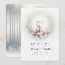 魔法の森のキツネのカップルのモノグラム 結婚式 セーブザデート
