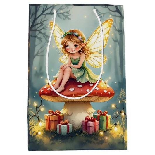 魔法の森のキノコに座る妖精 クリスマス ミディアムペーパーバッグ (正面)
