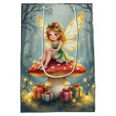 魔法の森のキノコに座る妖精 クリスマス ミディアムペーパーバッグ (裏面)