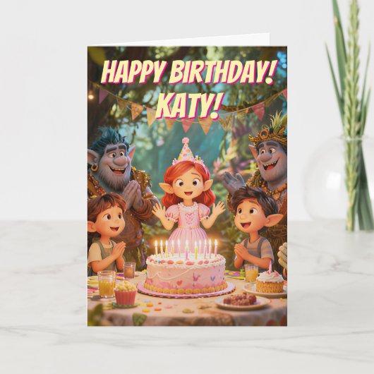 魔法の森のトロールの誕生日パーティー カード (正面)