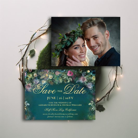 魔法の森のバラアーチ結婚式の日付を保存 招待状