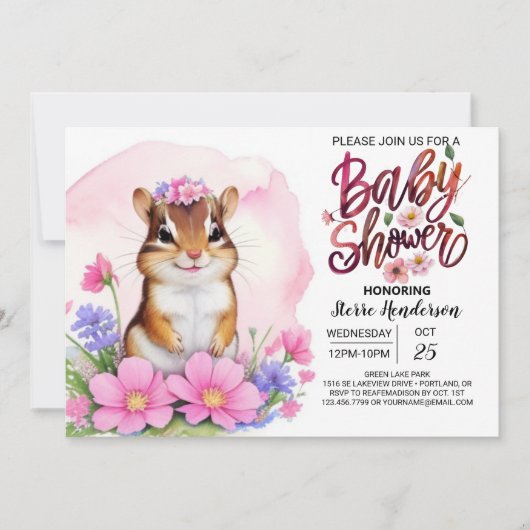 魔法の森のピンクの女の子の赤ちゃん歓迎会 招待状 (正面)