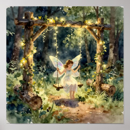 魔法の森のブランコに揺れる妖精 ポスター
